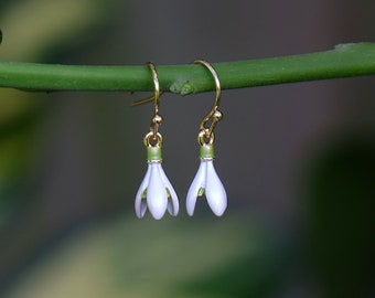 Boucles d'oreilles pendantes perce-neige fleur blanches, ton doré