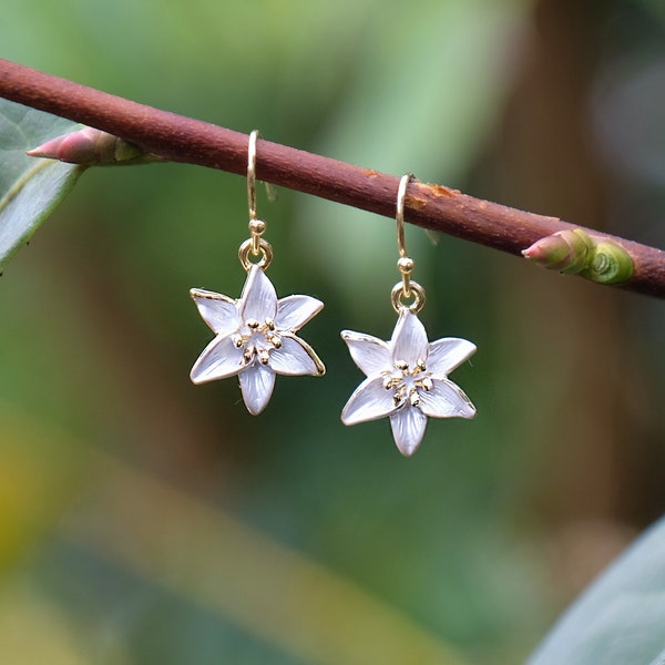 Lily White Flower Drop Hook Earrings, Gold Tone