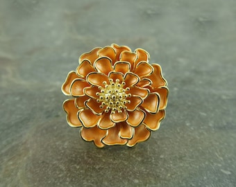 Marigold Orange Flower Brooch, Gold Tone