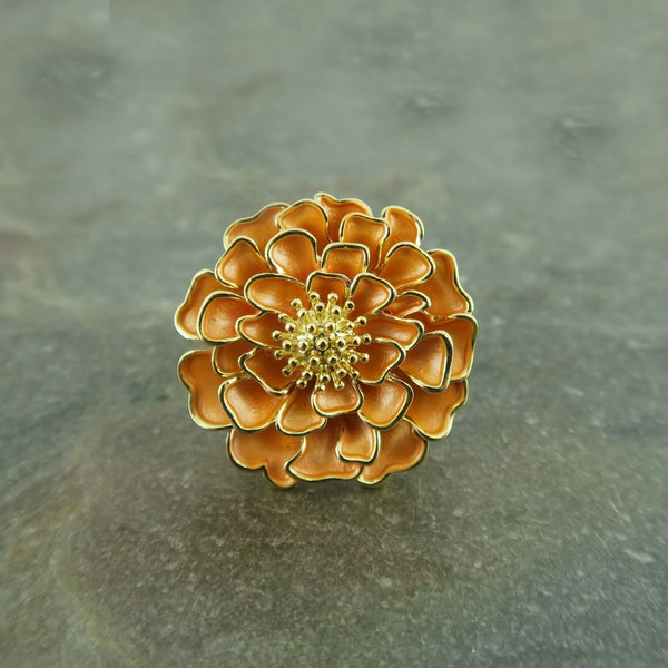 Marigold Orange Flower Brooch, Gold Tone