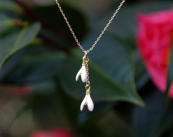 Snowdrop White Flower Pendant Necklace, Gold Tone