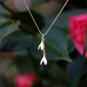 Snowdrop White Flower Pendant Necklace, Gold Tone