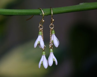 Snowdrop White Flower Drop Hook Earrings, Gold Tone