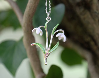 White Open Snowdrop January Birth Flower Necklace, Silver Plated