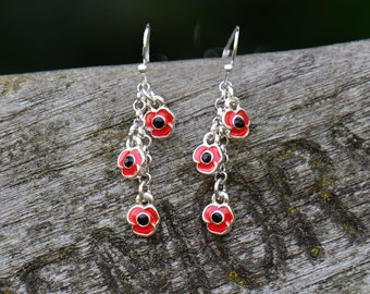 Poppy Red Flowers Drop Hook Earrings