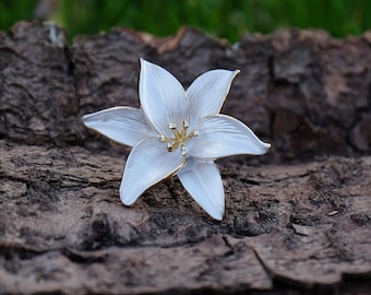 Lily White and Gold Flower Brooch
