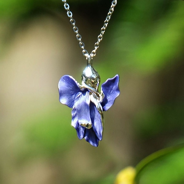 Iris Violet Blue Flower Pendant Necklace, Silver Tone