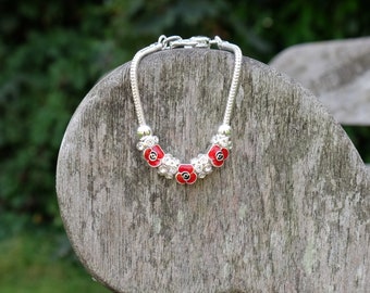 Poppy Red Flower Charm Bracelet, Silver Plated