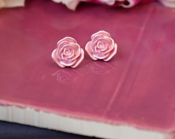 Pink Rose Flower Stud Earrings, Silver Plated