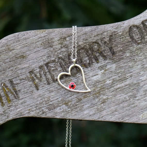 Poppy Red Flower Heart Pendant Necklace Etsy