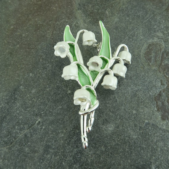 Lily of the Valley Brooch Pin White Pearls Green enamel crystals JO 