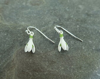 Snowdrop White Flower Drop Hook Earrings, Silver Tone