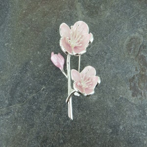 Cherry blossom pink flower brooch jewellery gift on slate by ATLondonJewels.