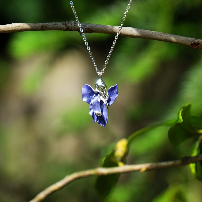 ATLondonJewels Iris Blue Flower Pendant Necklace on a branch ATH507