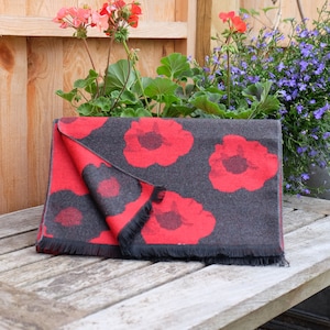 Red Poppy Flower Multi Emblem Grey Soft Warm and Smart Winter Scarf