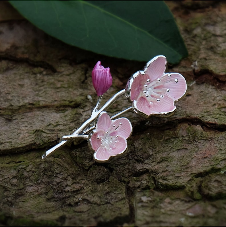 ATLondonJewels Cherry Blossom Pink Flower Brooch on Bark ATH625