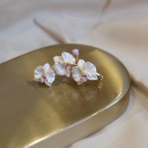 Orchid Pink Spray Flower Brooch, Gold Tone