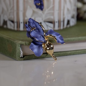 Blue Iris February Birth Flower Brooch, 14k Gold Plated