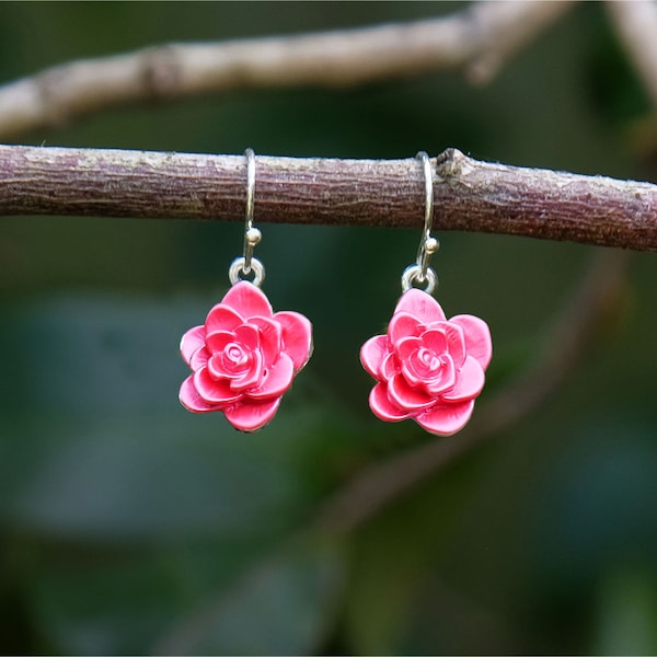 Camellia Pink Flower Drop Earrings, Silver Plated