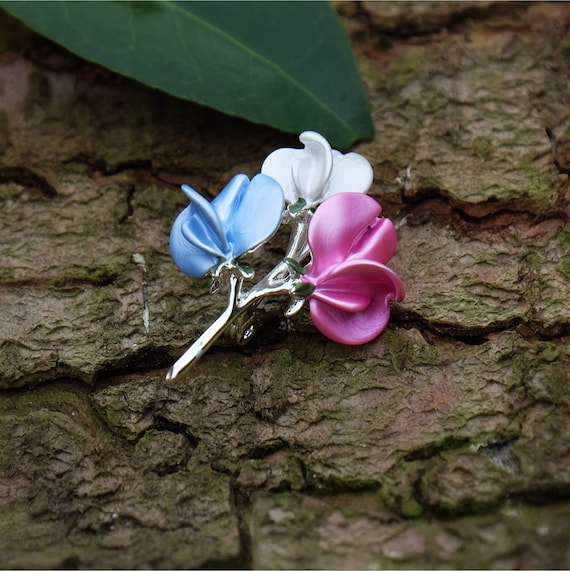 Pastel Sweet Pea April Birth Flower Brooch, Silver Plated
