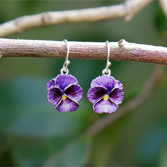 Pansy Purple Flower Drop Hook Earrings Etsy