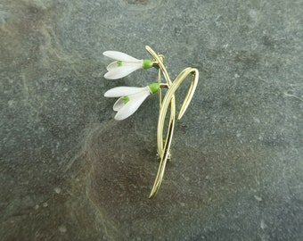 Snowdrop White Flower Brooch, Gold Tone