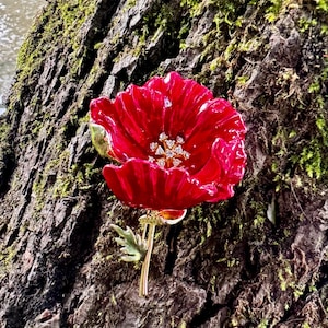 May include: A bright red poppy flower brooch with gold detailing and a crystal centre. The brooch has detailed petals and a delicate stem with a green leaf. A lovely floral accessory.
