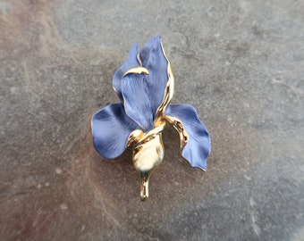 Iris Violet Blue Flower Brooch, Gold Tone