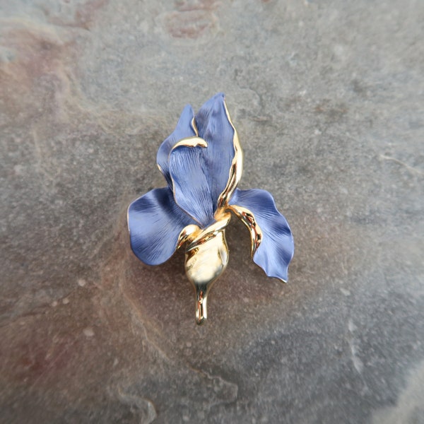 Iris Violet Blue Flower Brooch, Gold Tone