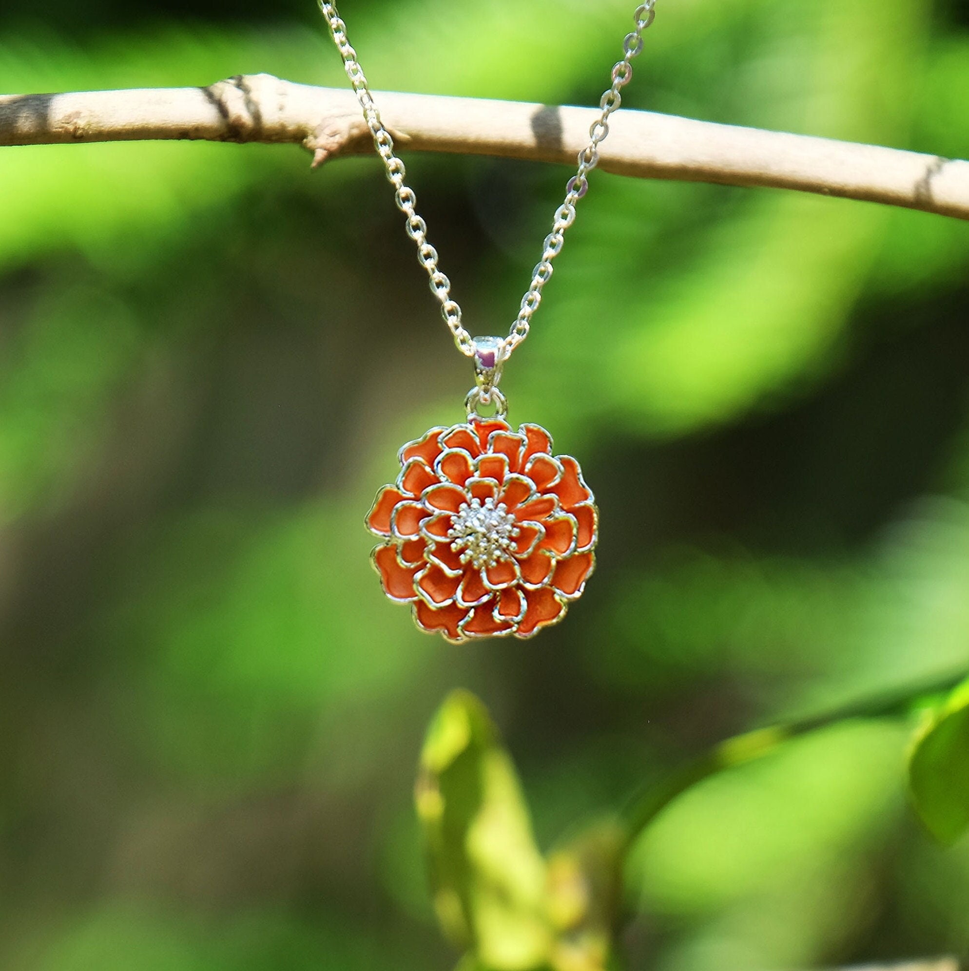 Marigold Orange Flower Pendant Necklace, Silver