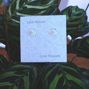 ATLondonJewels Clam Shell Silver Plated Stud Earrings on a gift card in a plant ATH617