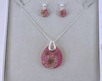 Resin Pink Pendant Necklace And Earrings Boxed Set