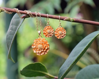 Marigold Orange Flower Earrings and Necklace Set, Gold Tone