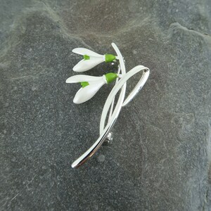 Snowdrop two white flowers brooch jewellery gift by ATLondonJewels, on a slate background.