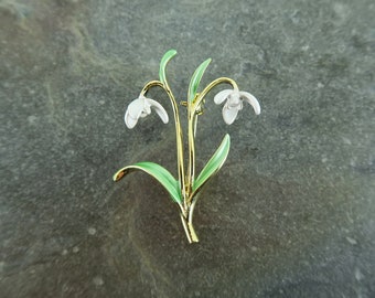 Snowdrop White Open Flower Brooch, Gold Tone