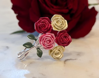Roses Bouquet Flower Brooch, Silver Plated