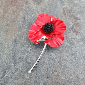 Poppy on stem red flower brooch remembrance gift by ATLondonJewels on slate.