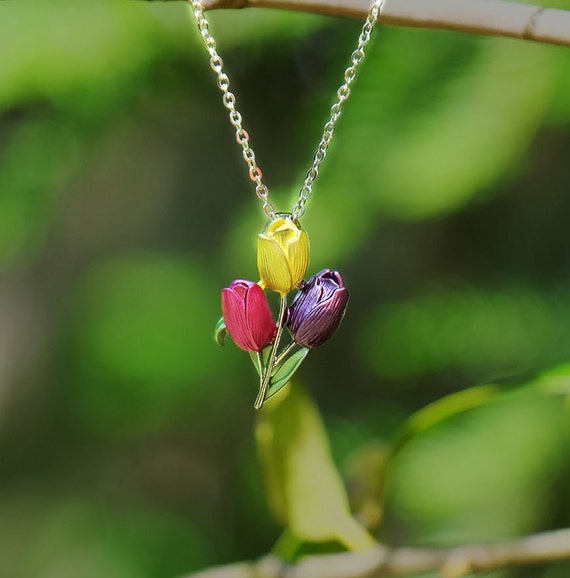 Tulip Purple Yellow and Pink Flower Pendant Necklace Etsy Sweden