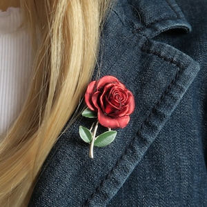 Rose Red Silver Tone Flower Brooch