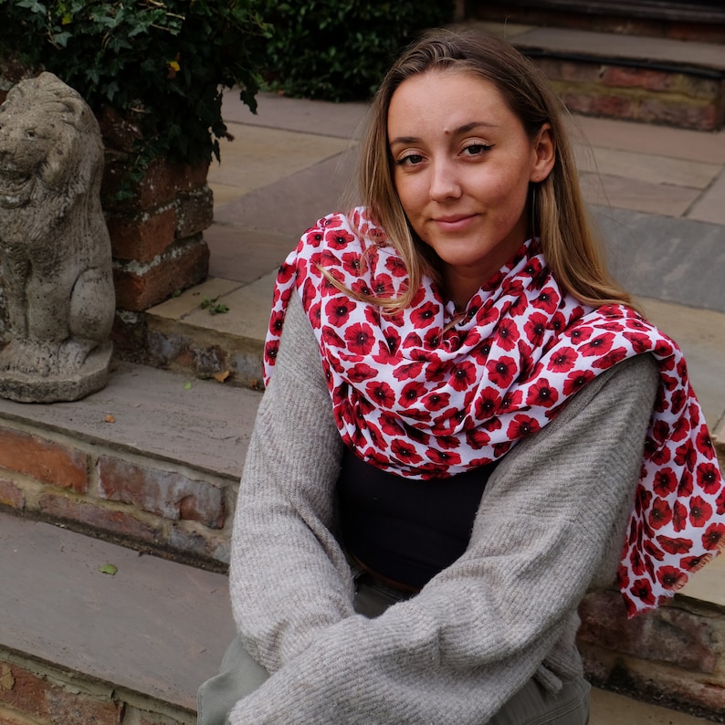 ATLondonJewels Red Poppy Flowers on a White Background Midweight Scarf worn on a model ATH335