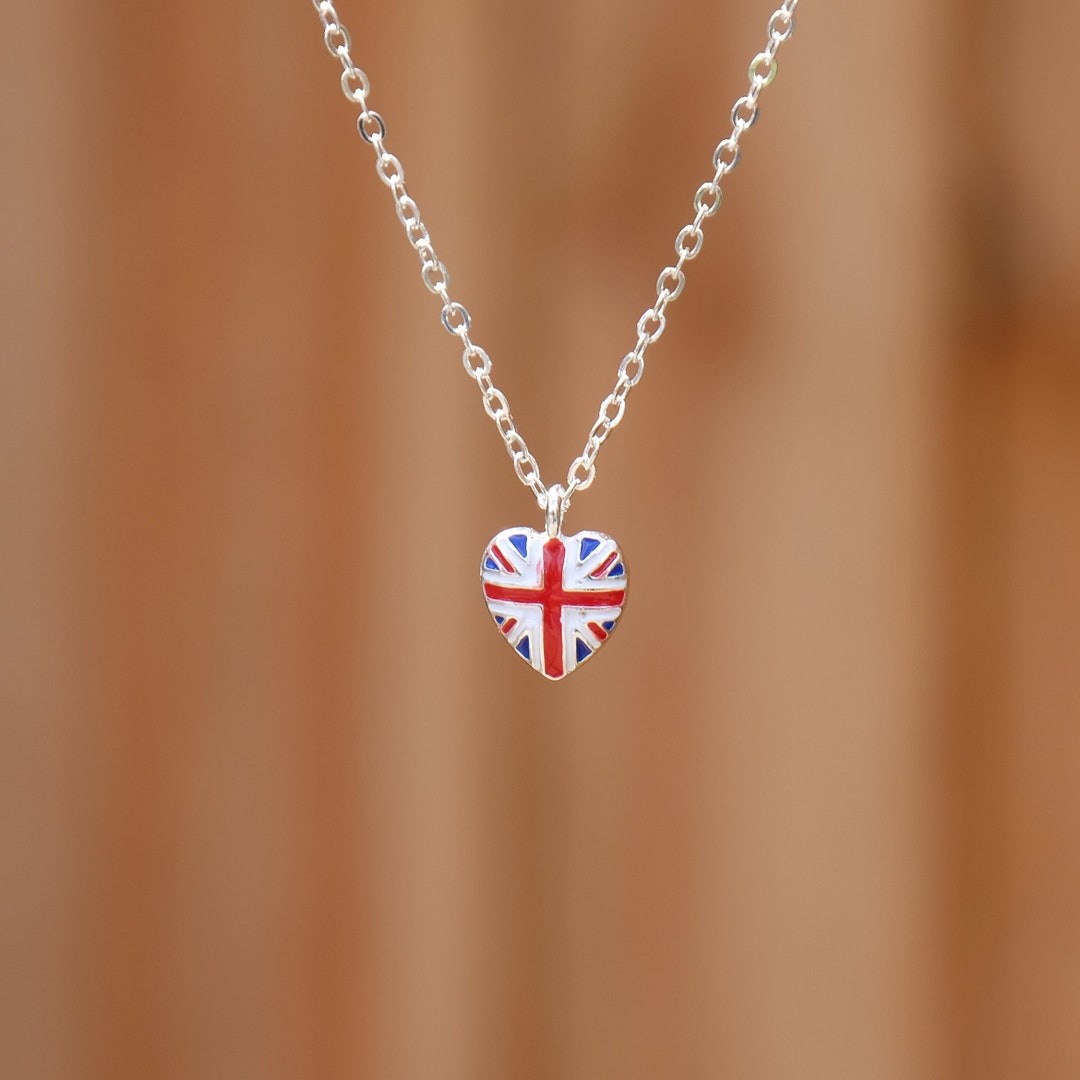 British Union Jack Flag Petite Red White and Blue Heart Shaped Necklace ...