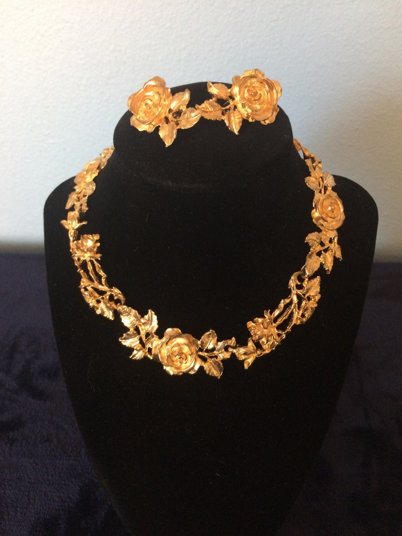 Famous Gold Plated Judith Worecek Mullen Vintage Rose and Leaf Necklace with Matching Clip On Earrings