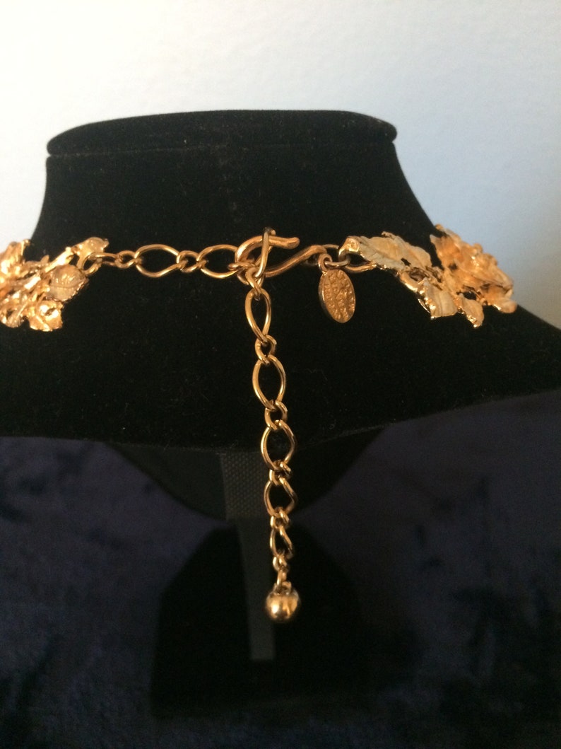 Famous Gold Plated Judith Worecek Mullen Vintage Rose and Leaf Necklace with Matching Clip On Earrings