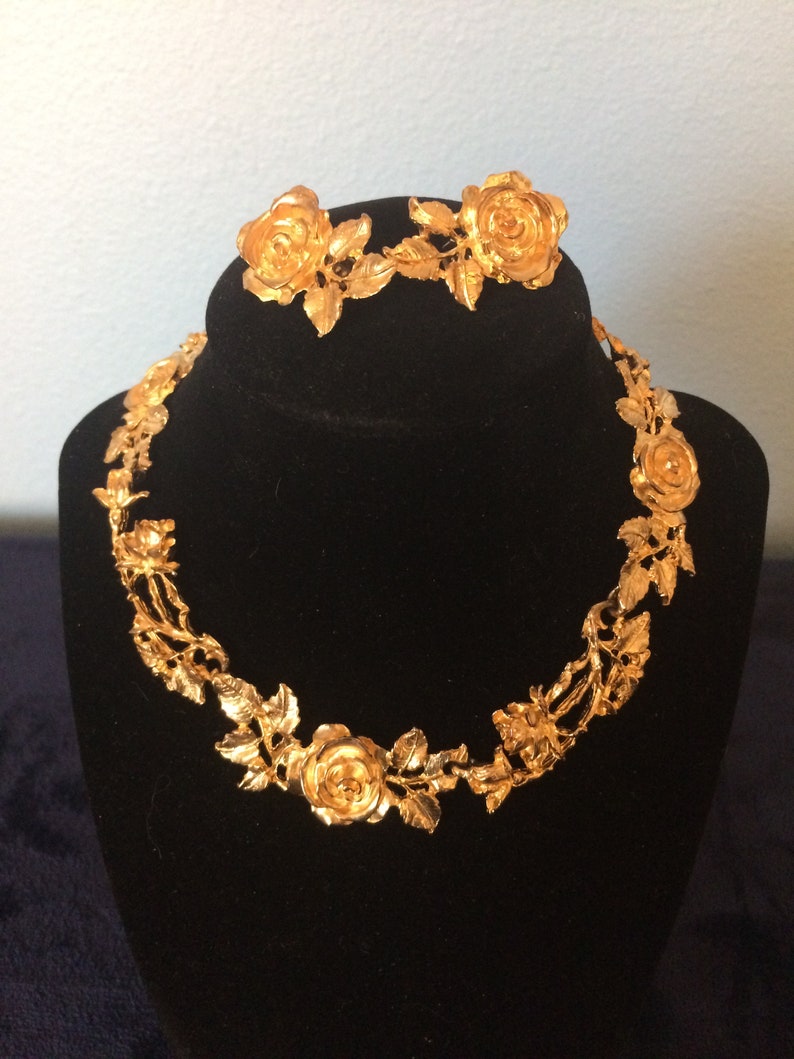 Famous Gold Plated Judith Worecek Mullen Vintage Rose and Leaf Necklace with Matching Clip On Earrings