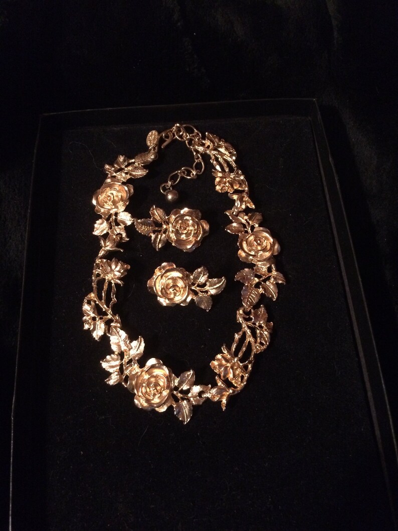 Famous Gold Plated Judith Worecek Mullen Vintage Rose and Leaf Necklace with Matching Clip On Earrings