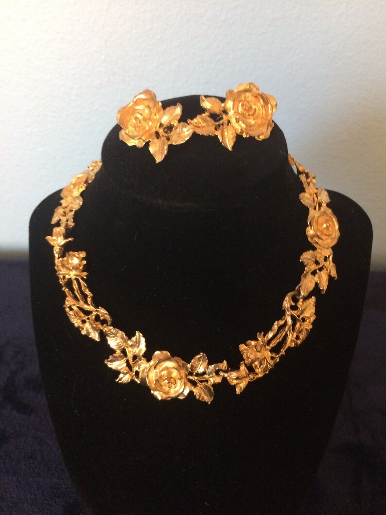Famous Gold Plated Judith Worecek Mullen Vintage Rose and Leaf Necklace with Matching Clip On Earrings