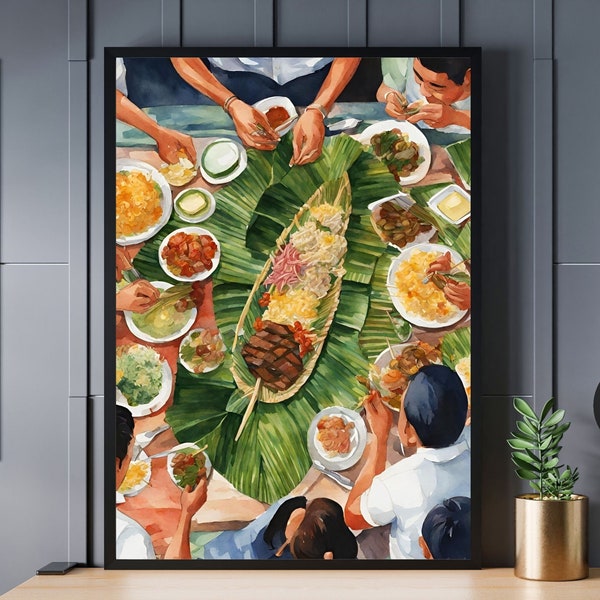 Filipino Boodle Fight Feast Wall Art Print | Philippines Cultural Poster | Kamayan Art | Pamilya Filipino Food Art | Instant Download
