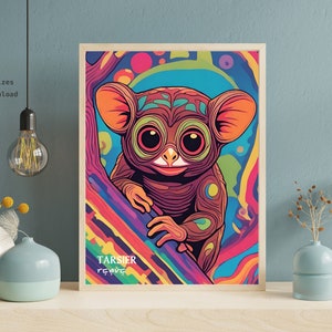 May include: A colorful digital illustration of a tarsier, a small primate with large eyes, against a vibrant background of swirling colors. The text "TARSIR" is written below the image.