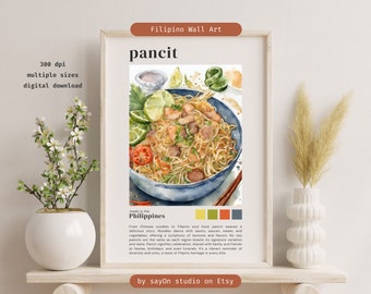 May include: A watercolor illustration of a bowl of pancit, a Filipino noodle dish. The bowl is blue and white with chopsticks on the side. The pancit is topped with shrimp, vegetables, and meat. The text "pancit" is written in a large font at the top of the image. The text "made in the Philippines" is written below the image. The text "by sayon studio on Etsy" is written at the bottom of the image.