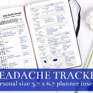 Op de afbeelding: Een zwart-witte printbare plannerpagina met de titel "Headache Tracker" en een dagelijks logboek om hoofdpijn triggers, symptomen en verlichting bij te houden. De pagina bevat secties voor slaap, lichaamsbeweging, ontspanning, stress, weer en notities.